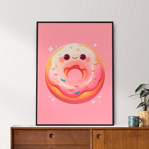 Kawaii Donut, Cute Poster, Dessert Print, Happy Little Donut, Pink, Poster, Printable Wall Art, Bedroom Wall Art, Digital Download