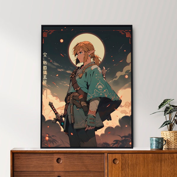 Link, Legend of Zelda, style tapisserie japonaise, affiche d'anime, art mural imprimable, art pour chambre à coucher, décoration d'intérieur japonaise, larmes du royaume