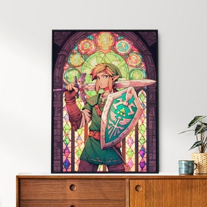 Legend of Zelda, Link, Stained Glass Window Portrait, Anime Poster, Printable Wall Art, Bedroom Wall Art, Breath of the Wild image 1