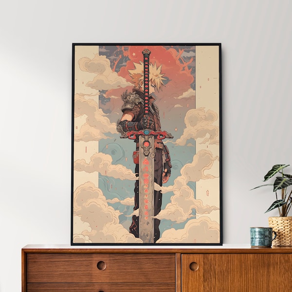 Cloud Strife, Final Fantasy, Japanese Tapestry Style, Anime Poster, Printable Wall Art, Bedroom Wall Art, Japanese Home Decor