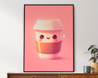 Kawaii Coffee, Cute Poster, Happy Little Coffee, Pink, Poster, Printable Wall Art, Bedroom Wall Art, Digital Download