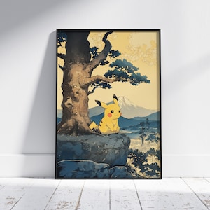 Pikachu, Poster Pokemon, Stile arazzo giapponese, Monte Fuji Giappone, Anime, Arte della parete stampabile, Arte della parete della camera da letto, Download digitale