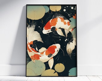 Koi Fish Pond Art Print: Japanese Ukiyo-e Style (Digital Download)