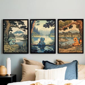Pokémon iniciales, Bulbasaur, Squirtle y Charmander, paquete triple, estilo japonés tradicional, póster de anime, arte imprimible, descarga digital