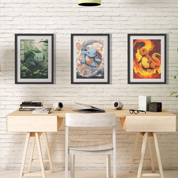 Bulbasaur, Squirtle y Charmander, paquete triple, Pokémon, estilo de tapiz japonés, cartel de anime, arte de pared imprimible, decoración del hogar japonés