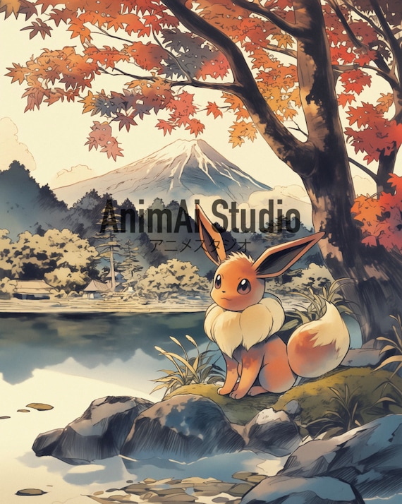 Eevee, Pokemon Poster, Japanese Tapestry Style, Mount Fuji Japan