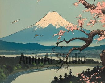 富士山桜の版画：日本の浮世絵風（デジタルダウンロード） - Etsy 日本