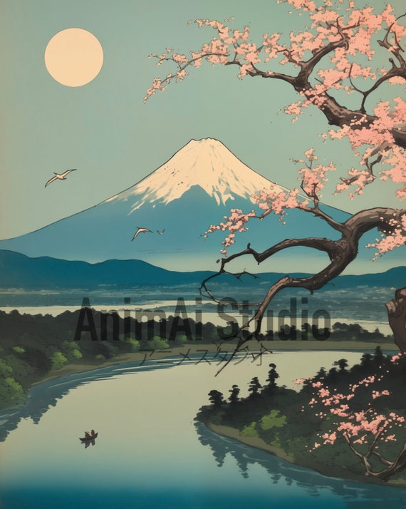 富士山桜の版画：日本の浮世絵風（デジタルダウンロード） - Etsy 日本