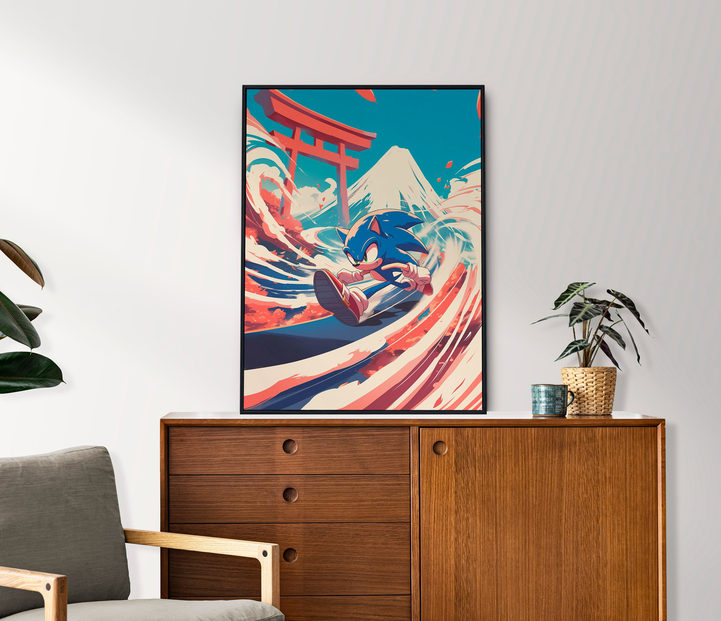 Sonic the Hedgehog loopt door Japan, Mount Fuji, Torii Gate, Anime Poster, afdrukbare muurkunst, slaapkamermuurkunst, Japans huisdecor