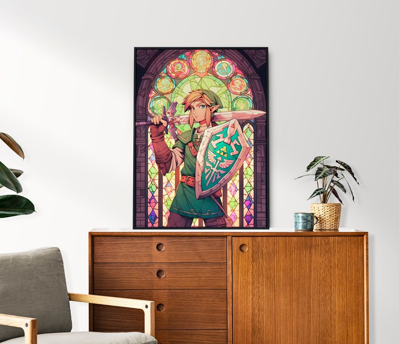 Legend of Zelda, Link, Stained Glass Window Portrait, Anime Poster, Printable Wall Art, Bedroom Wall Art, Breath of the Wild image 1