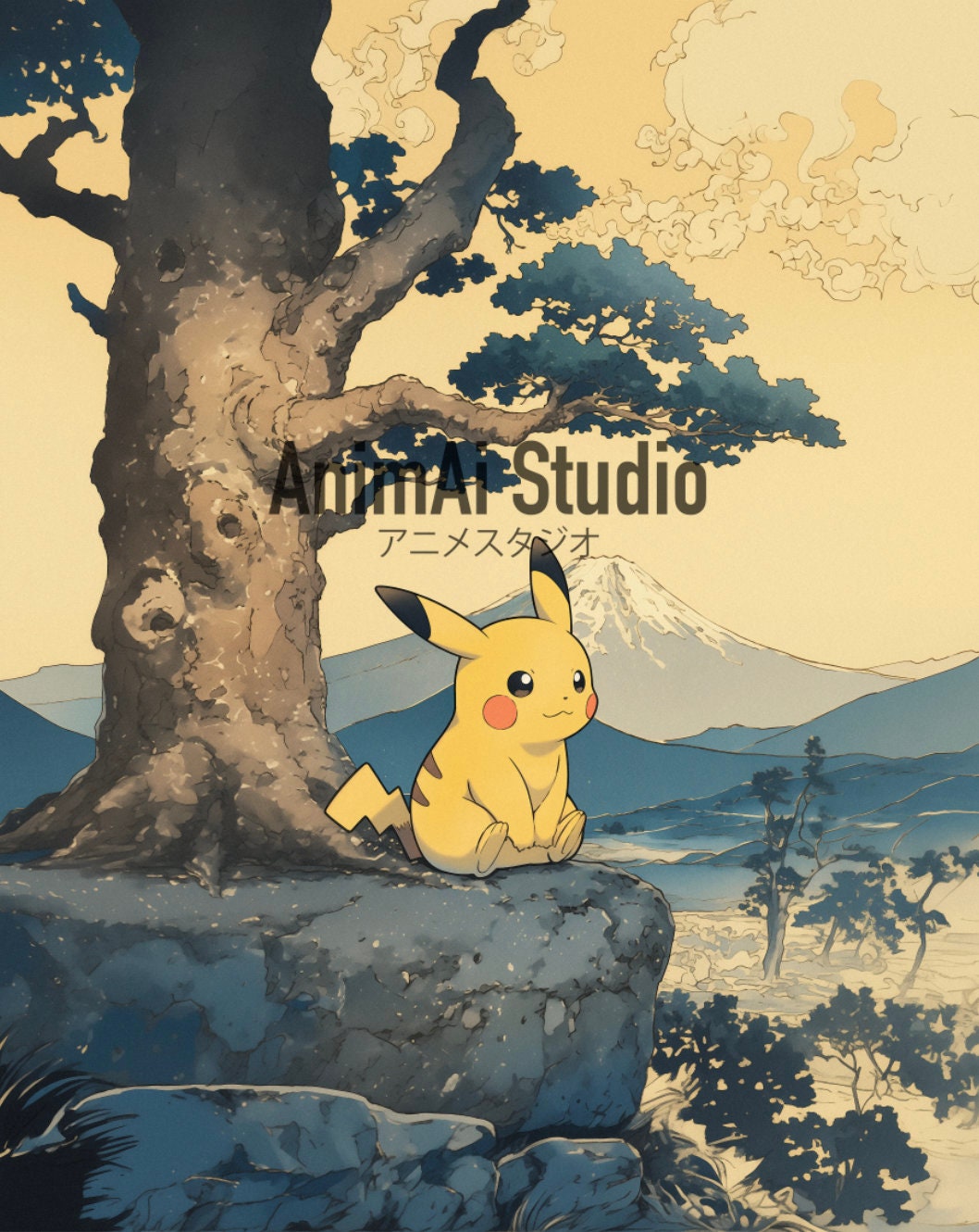 ピカチュウ　ポスター ピカチュウ、ポケモンポスター、日本のタペストリースタイル、富士山