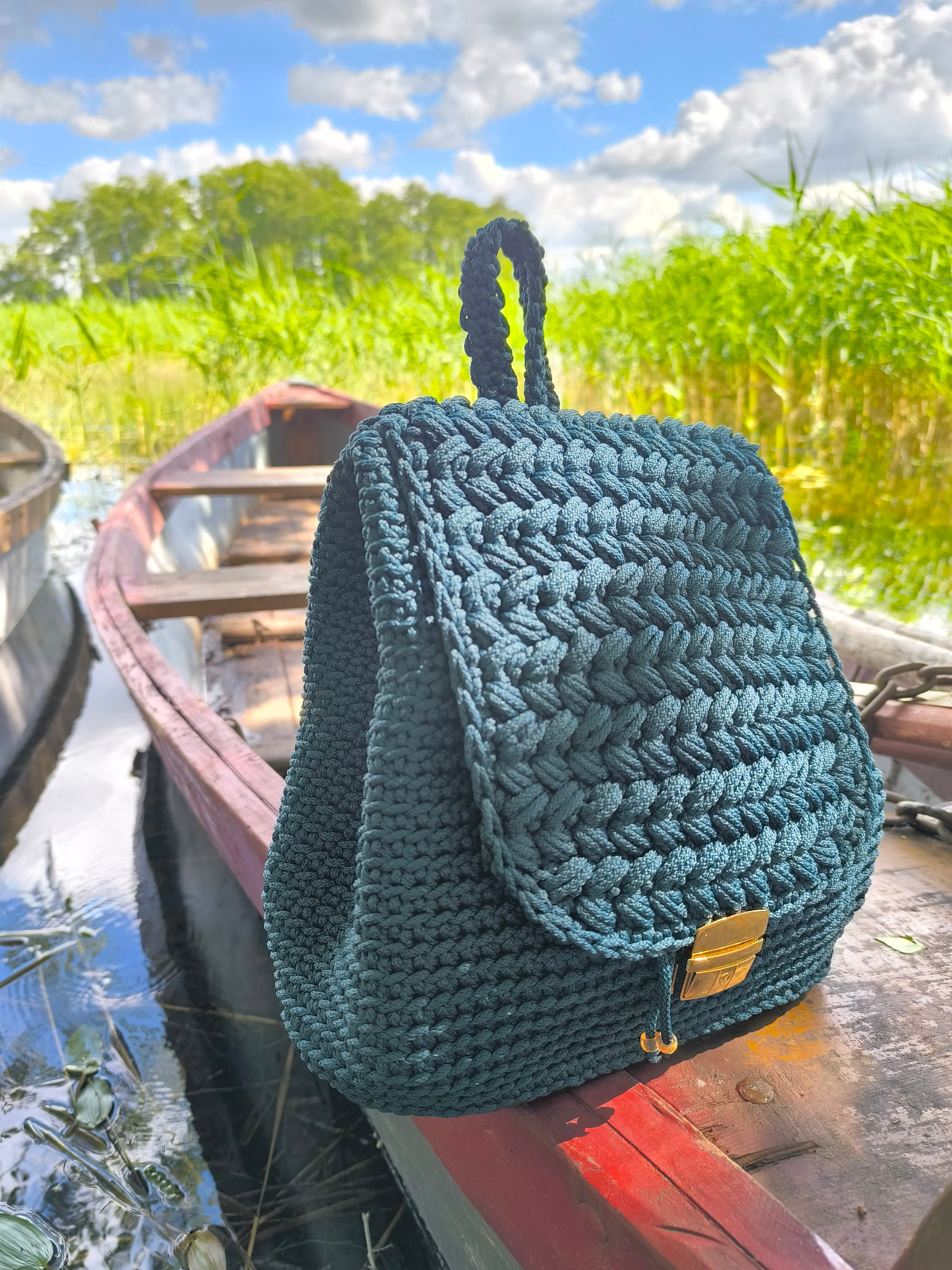 Backpack With Ropes Crochet Rope Backpack: Emerald Green Knitted Shoulder Bag - Etsy