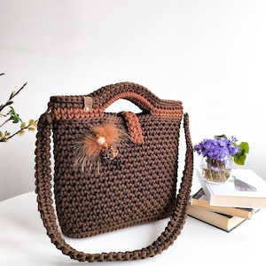 Bolsa feminina, bolsa de ombro cor canela, bolsa marrom, bolsa tote, bolsa de corda de crochê, bolsa marrom