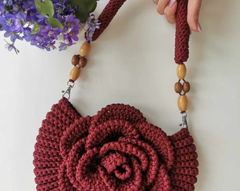 Cherry color shoulder bag, Flower handmade tote bag, casual bag, Tote bag, crochet rope bag, Crochet handbag