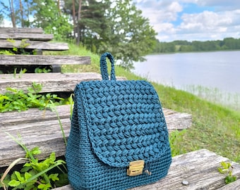 Crochet backpack in many colors , Knitted backpack , Woven backpack , crochet rope backpack, Summer shoulder bag, Emerald backpack