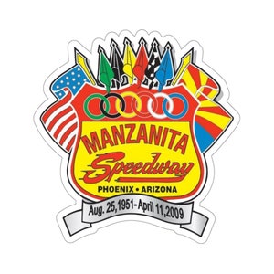 May include: A yellow and red shield-shaped logo with the text "MANZANITA Speedway" and "PHOENIX - ARIZONA" in black. The logo is surrounded by five Olympic rings and several colorful flags, including the American flag.