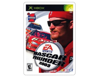 May include: A video game cover for NASCAR Thunder 2003 for the Xbox console. The cover features a red, white, and blue color scheme with a close-up of a race car driver wearing sunglasses and a red cap. The game's title is in large, white letters with a red outline.
