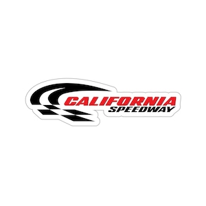 May include: A black and white sticker with a stylized image of a racetrack and the text "CALIFORNIA SPEEDWAY" in red letters.