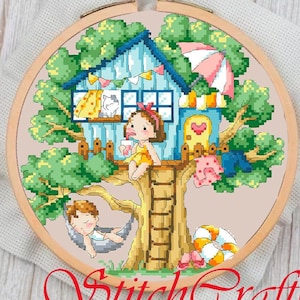 Modern Cross Stitch Pattern PDF - Counted Pattern Embroidery - Tree House - Seasons - Summer - Embroidery House