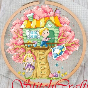 Modern Cross Stitch Pattern PDF - Counted Pattern Embroidery - Tree House - Seasons - Spring - Embroidery House