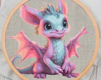 May include: A pink and blue dragon with large wings, sitting on a white background. The dragon has a friendly expression and large, black eyes.