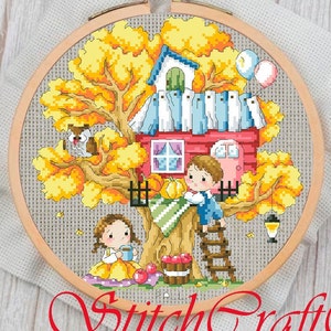 Modern Cross Stitch Pattern PDF - Counted Pattern Embroidery - Tree House - Seasons - Autumn - Embroidery House
