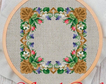 Free Templates Nearly- Vintage Cross Stitch Pattern PDF - Counted Sampler Frame Pattern- Embroidery Flowers- Antique Reproduction 19 Century