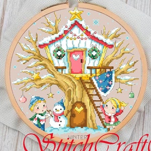 Modern Cross Stitch Pattern PDF - Counted Pattern Embroidery - Tree House - Seasons - Winter - Embroidery House
