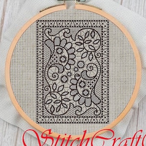 Vintage Cross Stitch Pattern PDF - Counted Monochrome Blackwork Pattern - Ancient Filet Lace- Empire Style - Antique Reproduction 19 Century