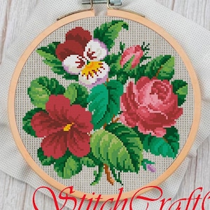 Vintage Cross Stitch Pattern PDF - Counted Sampler Flowers Pattern - Embroidery Flowers - Antique Reproduction 19 Century