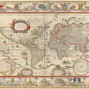 May include: A detailed antique world map with intricate illustrations and text. The map features continents, oceans, and decorative borders with figures and scenes. The title "NOVA TOTIUS TERRARUM ORBIS GEOGRAPHICA AC HYDROGRAPHICA TABULA" is visible.