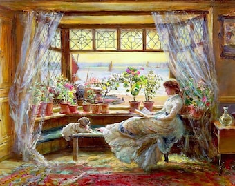 Vintage Cross Stitch Pattern Charles James Lewis Reading by the Window 1830-1892 Digital Download PDF