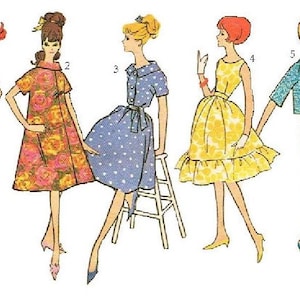 Puede incluir: Ilustración de seis mujeres con atuendos vintage. La imagen presenta un conjunto de pijama verde, un vestido con estampado floral, un vestido azul con lunares blancos, un vestido amarillo, un traje azul con chaqueta y un vestido rosa. Cada mujer tiene un peinado diferente.