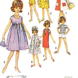 May include: Illustration of vintage paper doll clothing patterns. The image shows six different outfits, including dresses, shorts, and a coat. The outfits are numbered and styled on paper doll figures. The color palette includes red, yellow, blue, and white.