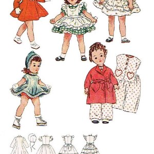 Może przedstawiać: Ilustracja vintage wzorów odzieży dziecięcej. Obraz przedstawia kilka rysunków małych dziewczynek w różnych strojach, w tym sukienkach, płaszczach i piżamach. Paleta kolorów obejmuje czerwień, zieleń i biel, z naciskiem na klasyczną modę dziecięcą.