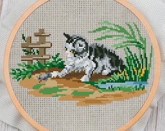 Vintage Cross Stitch Pattern: 19th Century Sampler, Kitten & Flowers (PDF Download)
