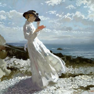May include: An oil painting showing a woman in a white dress and a black hat, reading a book. She is standing on a rocky shore, with the sea and a cloudy sky in the background. The artwork is signed "ORPEN".