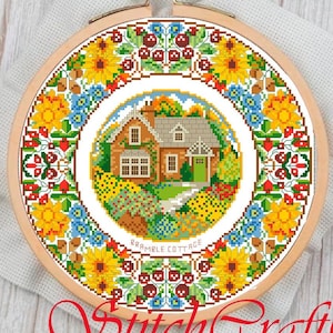 Modern Cross Stitch Pattern PDF - Counted Pattern Embroidery - Seasons - Autumn Cottage - Plate - Embroidery House