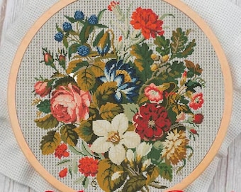 Vintage bloemenkruissteekpatroon: antieke 19e-eeuwse sampler (pdf-patroon)