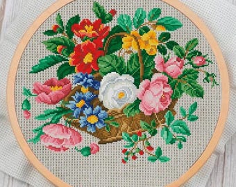 Vintage Cross Stitch Pattern PDF: 19th Century Sampler Flowers (Digital Download)