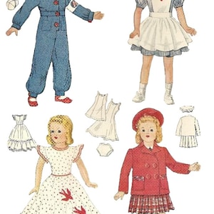 Könnte beinhalten: Vintage Papierpuppen mit verschiedenen Outfits. Eine Puppe trägt einen blauen Overall und eine Mütze, eine andere eine Krankenschwesteruniform, eine dritte ein gepunktetes Kleid und die letzte einen roten Mantel und einen karierten Rock. Zusätzliche Outfit-Teile sind ebenfalls abgebildet.