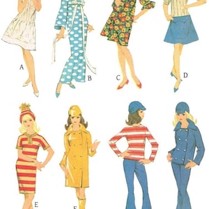 Puede incluir: Ilustración de ocho conjuntos de moda vintage. Los conjuntos incluyen vestidos, un abrigo y un traje pantalón. Los vestidos presentan estampados florales, de lunares y a rayas. La paleta de colores incluye blanco, azul, rojo, amarillo y verde.
