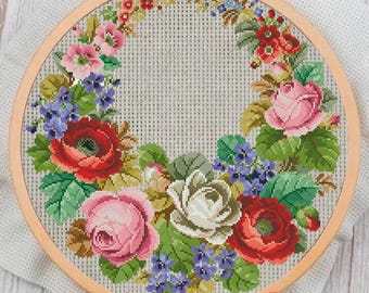Vintage Cross Stitch Pattern PDF: 19th Century Floral Wreath Sampler (Digital Download)