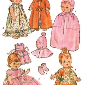 May include: Illustration of vintage doll clothing patterns. The image features several outfits, including a floral dress, an orange robe, a pink cape with a hood, and a pink dress with a ribbon. Also included are a bonnet and socks.