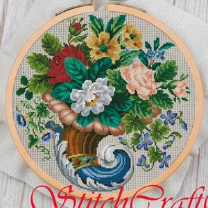 Vintage Cross Stitch Pattern PDF - Counted Sampler Flowers Pattern - Embroidery Flowers - Antique Reproduction 19 Century