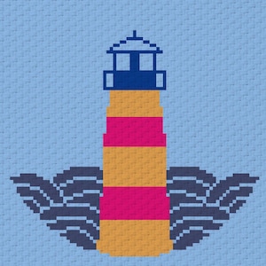 May include: A pixelated lighthouse illustration. The lighthouse has a blue top, a yellow and pink striped body, and sits above stylized blue waves, all against a light blue background.