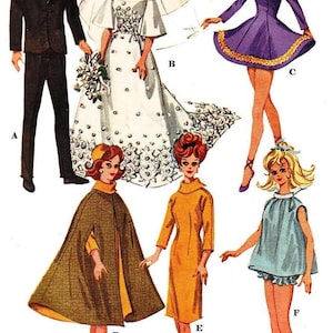 May include: Vintage fashion illustration featuring a groom in a black suit and a bride in a white gown with floral embellishments. Other outfits include a purple dress, a cape, a yellow dress, and a blue top with shorts.