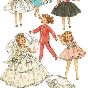 May include: Illustration of vintage paper doll outfits. The dolls are wearing various outfits, including a polka dot dress, a blue coat, a plaid top with a black skirt, a red pantsuit, a wedding dress, and a pink dress. Additional outfit patterns are shown at the bottom.