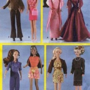 May include: A collection of fashion dolls, each dressed in various outfits. The dolls showcase diverse styles, including formal gowns, casual wear, and business attire. The color palette includes pink, black, brown, and orange, offering a range of fashion choices.