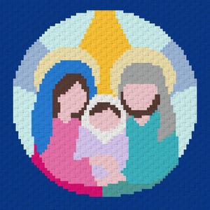 May include: A pixelated illustration of the Holy Family, featuring Mary in blue, Joseph in teal, and baby Jesus in a light purple wrap. The figures are set against a yellow and white background, all within a circular frame on a blue backdrop.